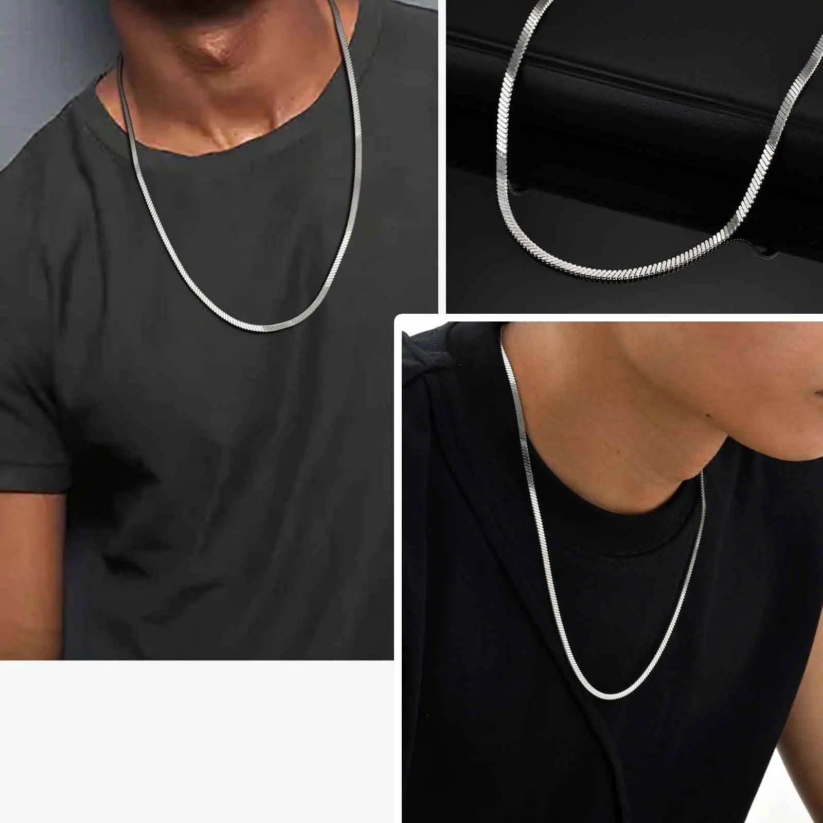 Vnox Width 3mm Flat Snake Silver Color Necklace for Men, Stainless Steel Vintage Blade Chain Collar, Hiphop Casual