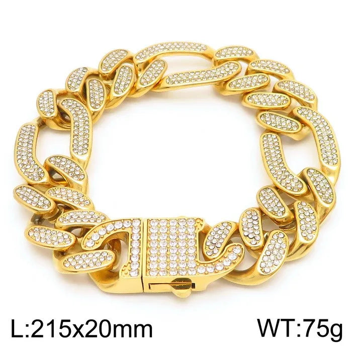 Hip-Hop Jewelry CZ Cuban Chain Man Bracelet Necklace Set Luxury Gold Color 60CM Long Stainless Steel Men's Necklace &