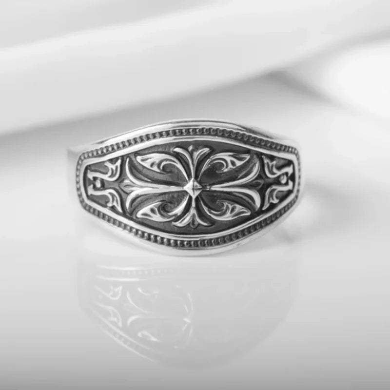 Wave Pattern Cross Ring — Stainless Steel