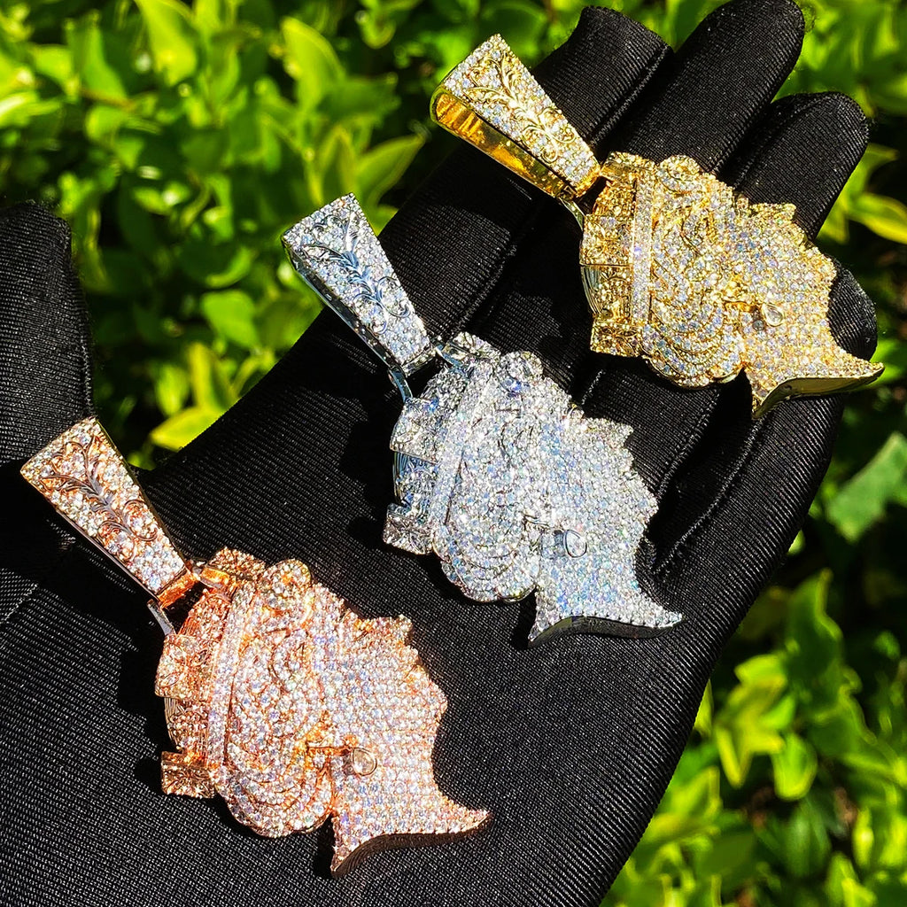 Bubble Letter Iced Out Queen Head Necklace Pendant  for Men Real Gold Plated 5A Cubic Zirconia Hip Hop Jewelry