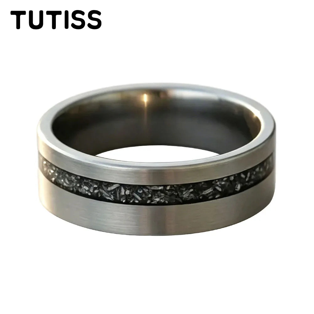 TUTISS 6/8mm Black Meteorite Tungsten Carbide Ring, Offset groove Brushed Finish, Couple Ring, Unique Wedding Band for her（Him）