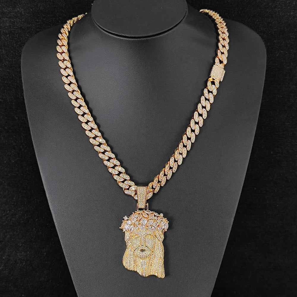 Iced Out Jesus Pendant Gold Cuban Chain 12MM