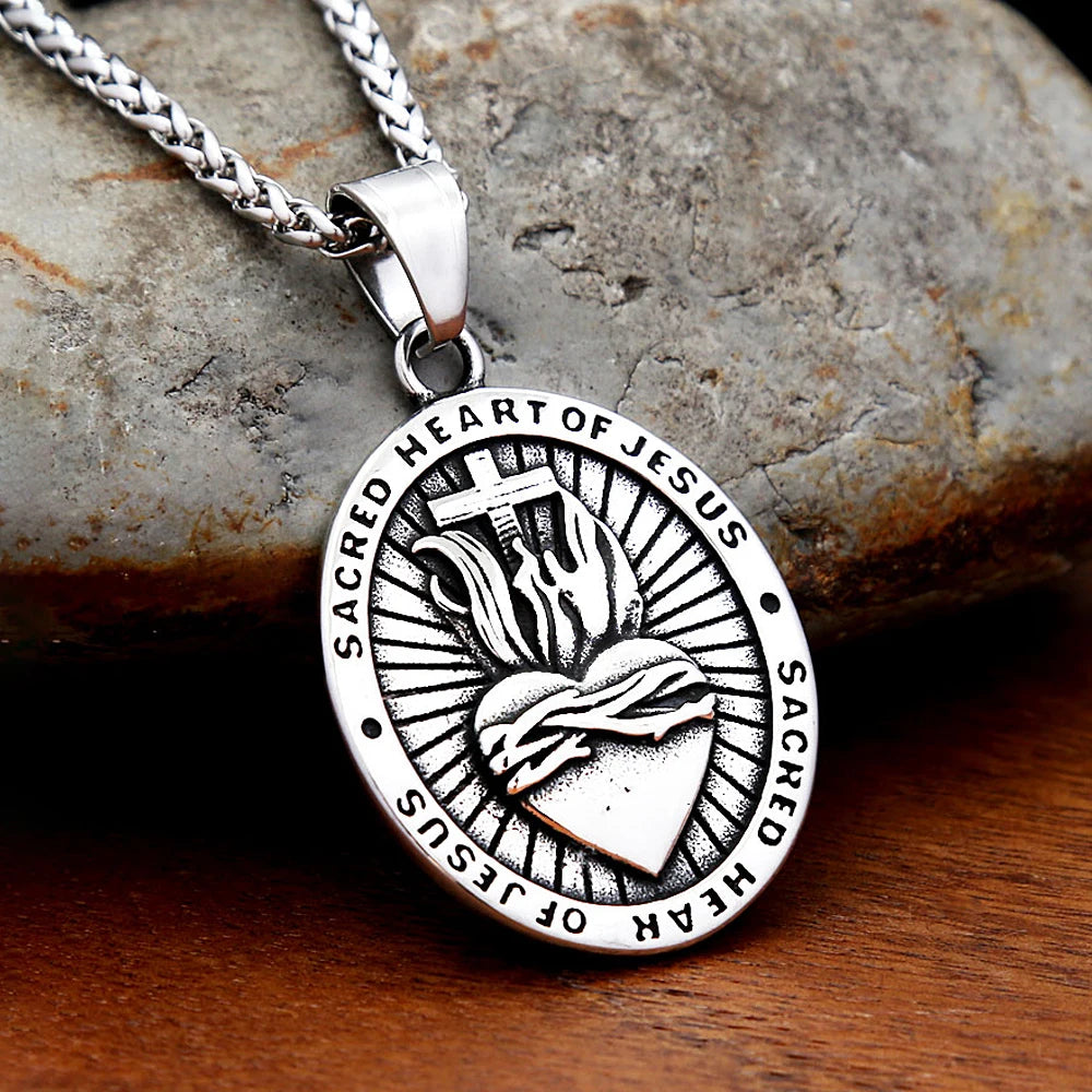 Men's Heart of Jesus Pendant Necklace For Men Women 316L Stainless Steel Religious Cross Amulet Jewelry Gifts Fashion