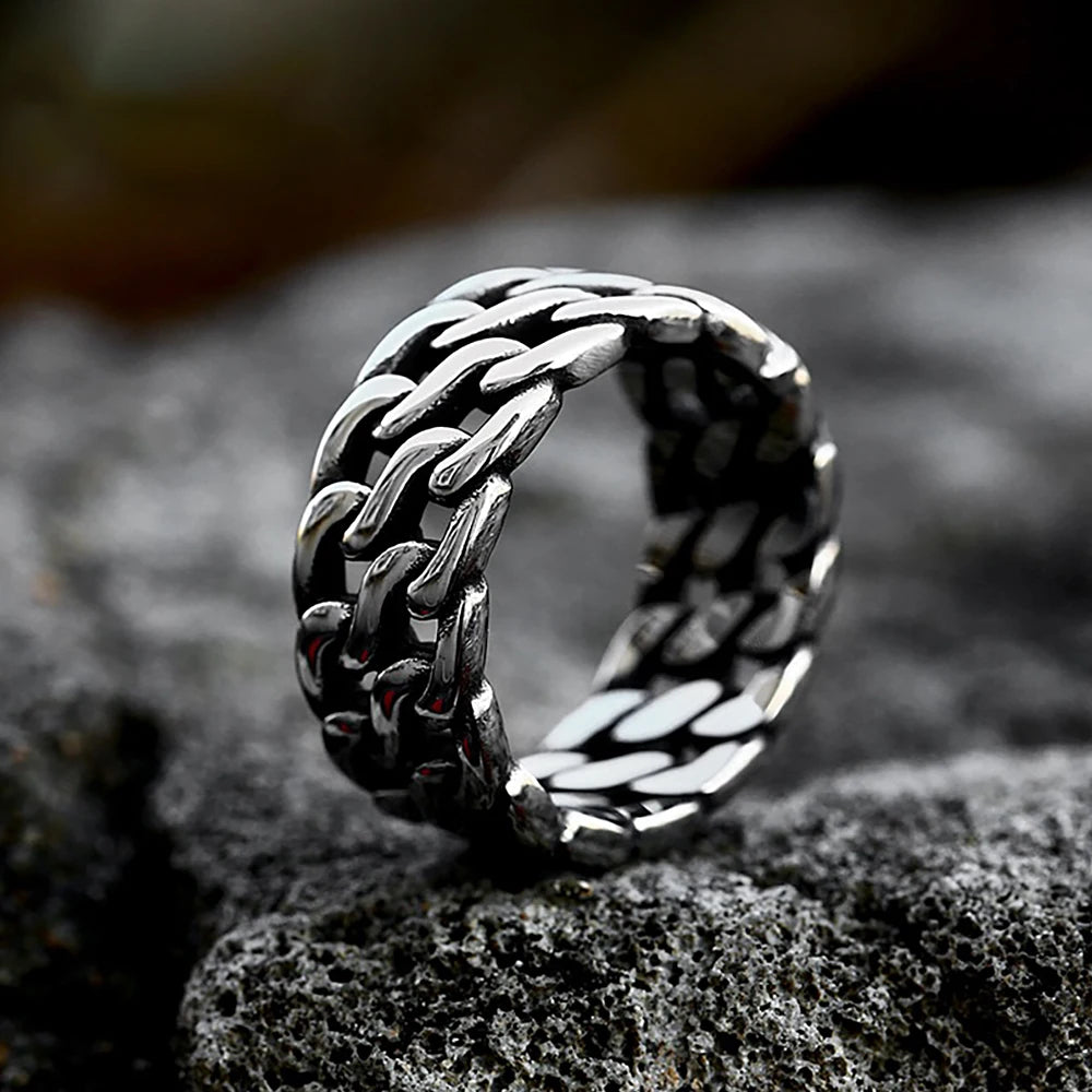 Simple Vintage Stainless Steel Link Chain Rings Punk Biker Fashion Creative Cuba Chain Ring For Men Women Jewelry Gift