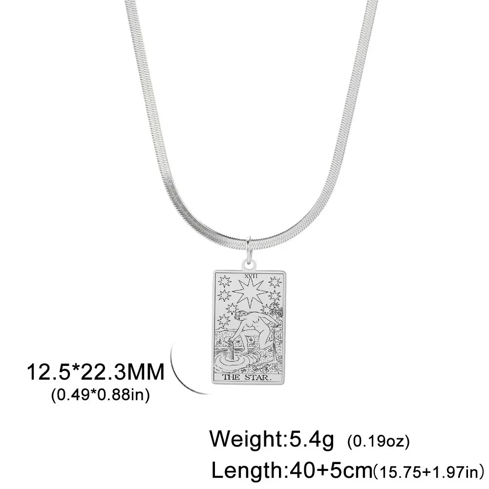 LIKGREAT Major Arcana Tarot Card Necklace Stainless Steel Snake Chain Necklace Vintage Amulet Moon/Sun/Star Tarot