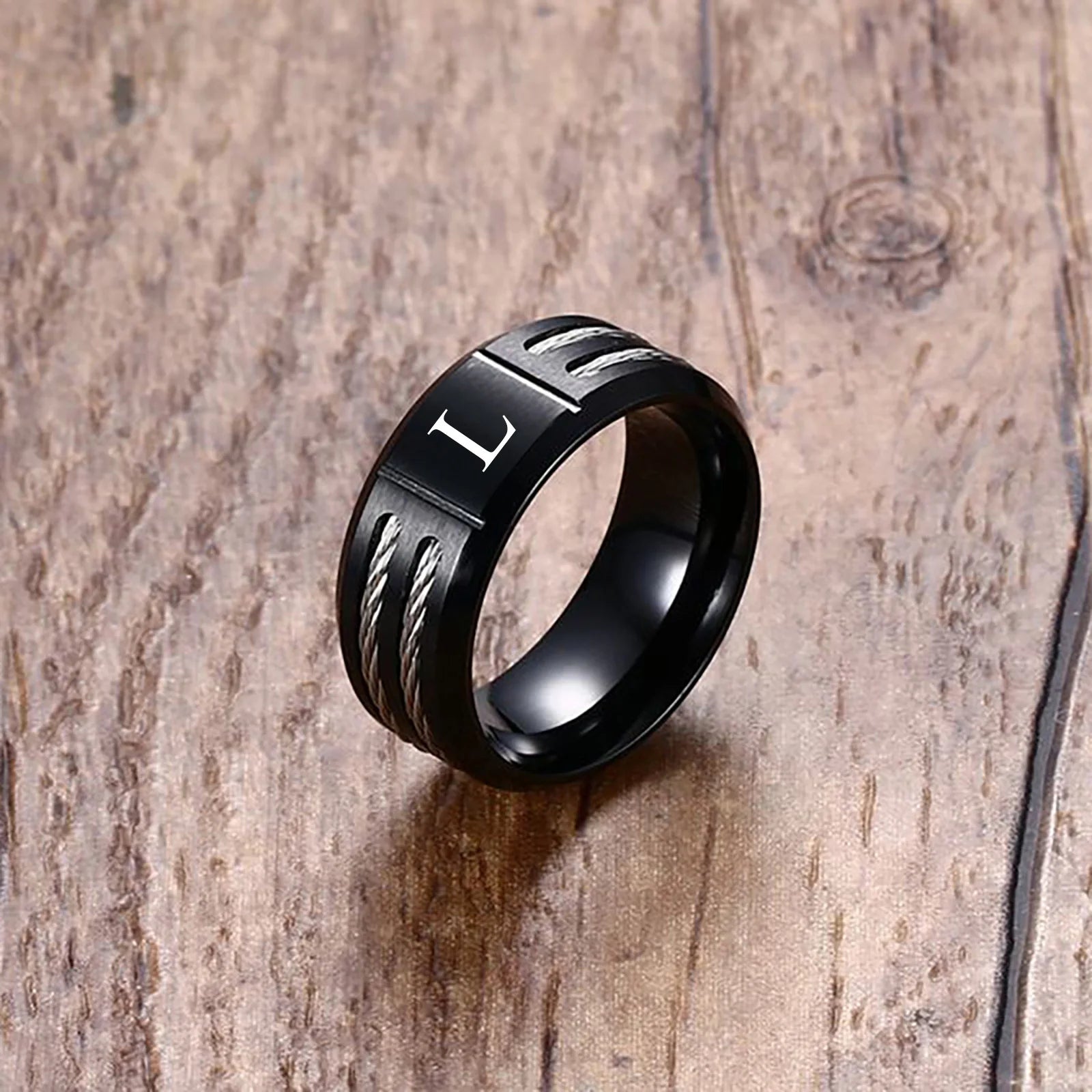 Black Letter Initial Ring — Stainless Steel