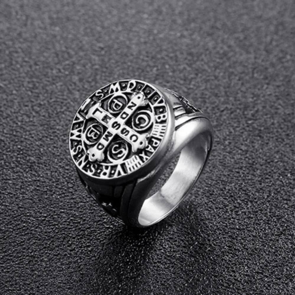 New Vintage Religious St. Benedict's Cross Ring Catholic Exorcism Church Men's Punk Niche Party Trend Metal Ring