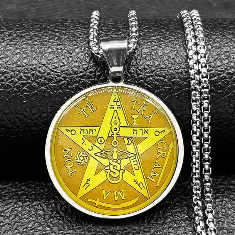 Seal of Seven Archangels Medal Stainless Steel Glass Necklace Seal of Solomon Talisman Necklace Protection Jewelry