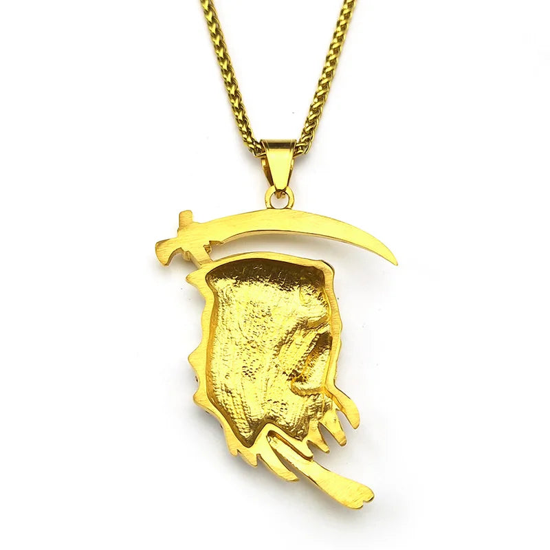 Stainless Steel Rhinestones Saint Death Santa Muerte Grim Reaper Pendant Necklace for Women Men Gold Plated Sickle