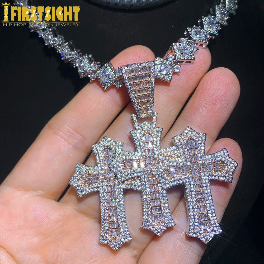 Iced Out Three Cross Pendant Necklace For Women Men Two Tone Silver Color Cubic Zirconia Tennis Chain Luxury Hip Hop Jewelry