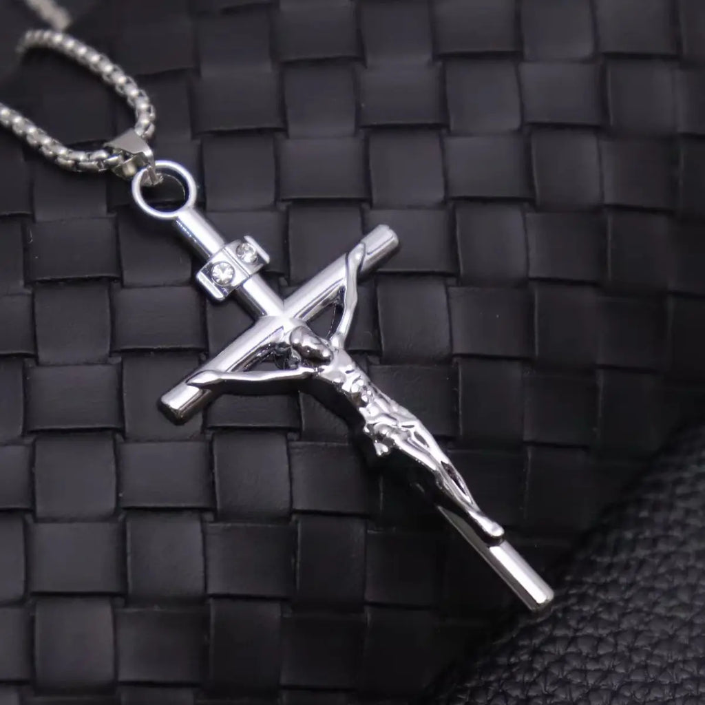 Jesus Crucifix Rhinestone Cross Necklace — Stainless Steel
