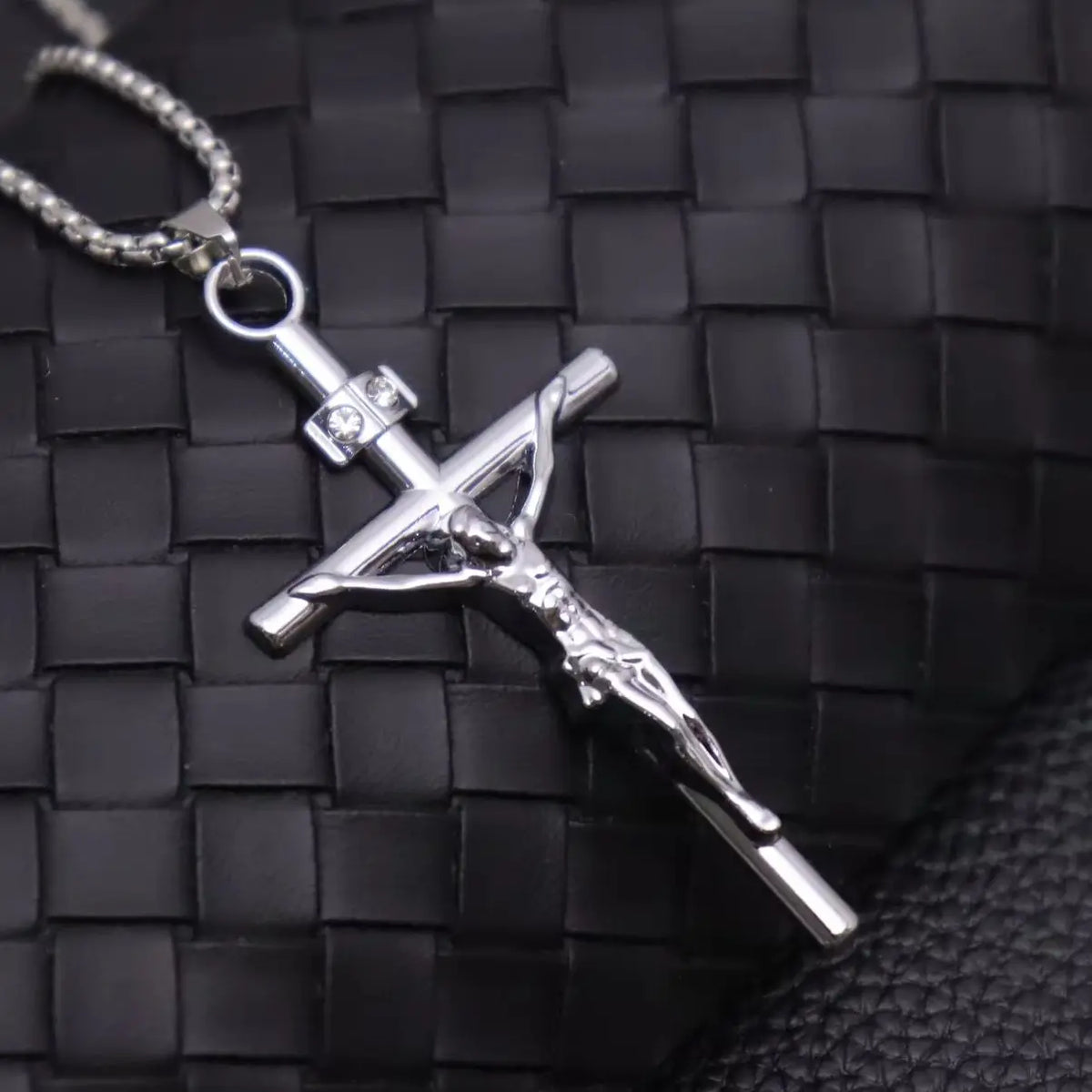 Jesus Crucifix Rhinestone Cross Necklace — Stainless Steel