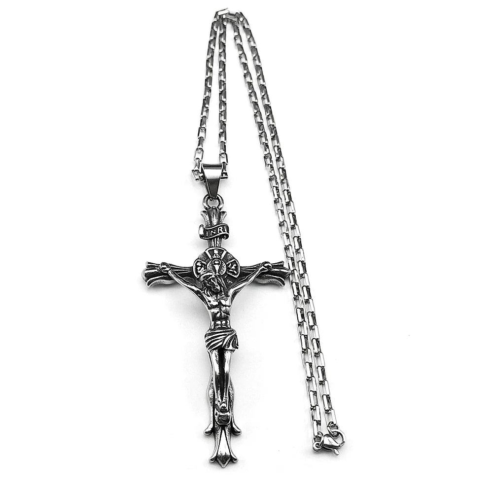 Big INRI Jesus Crucifix Cross Pendant Necklace — Stainless Steel