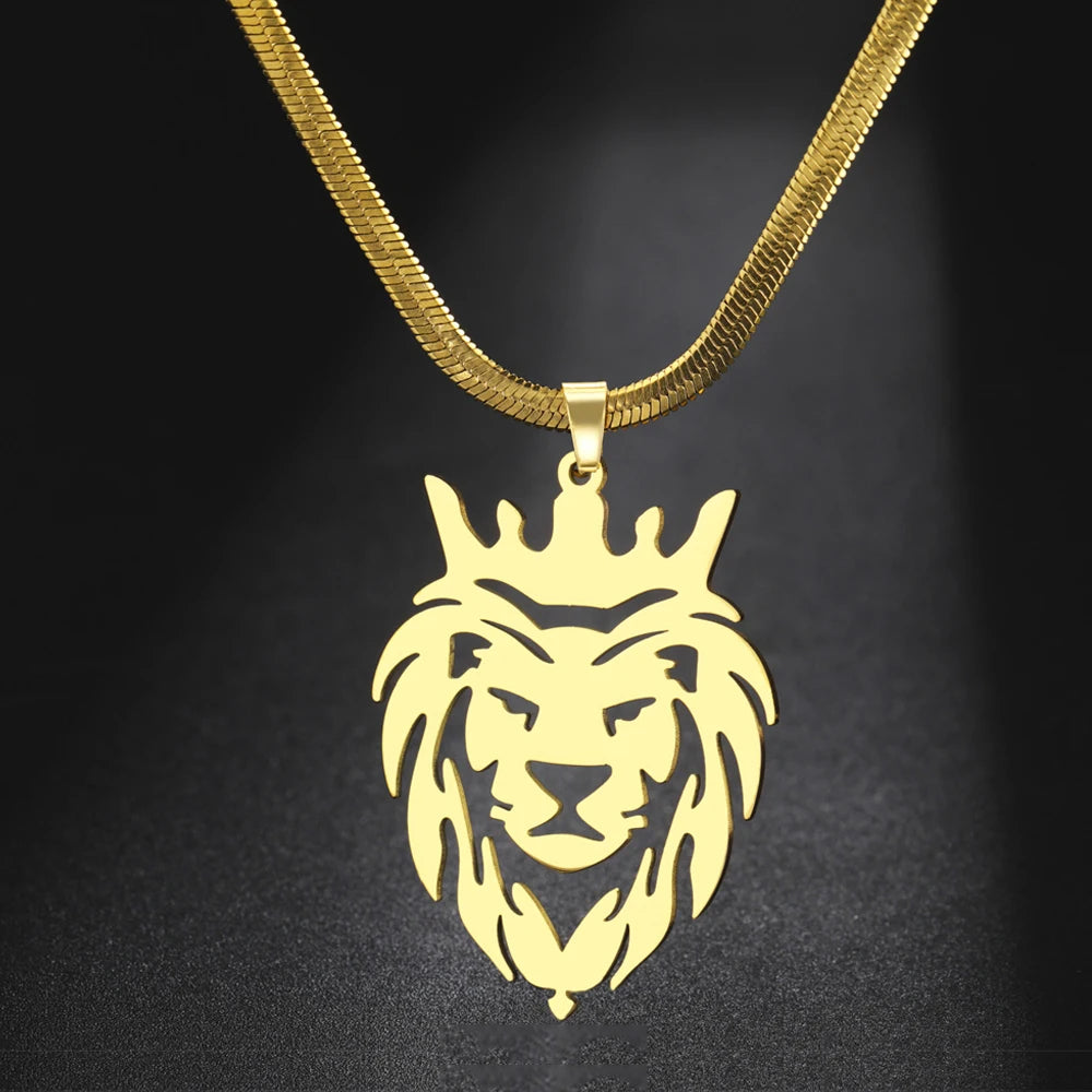 Crown Lion King Snake Chain Pendant — Stainless Steel