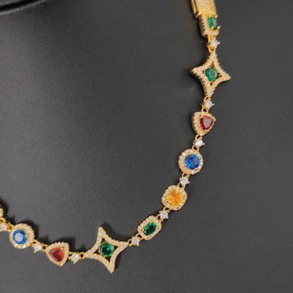 Gold Iced Out Chain Necklace Colored Gemstone
