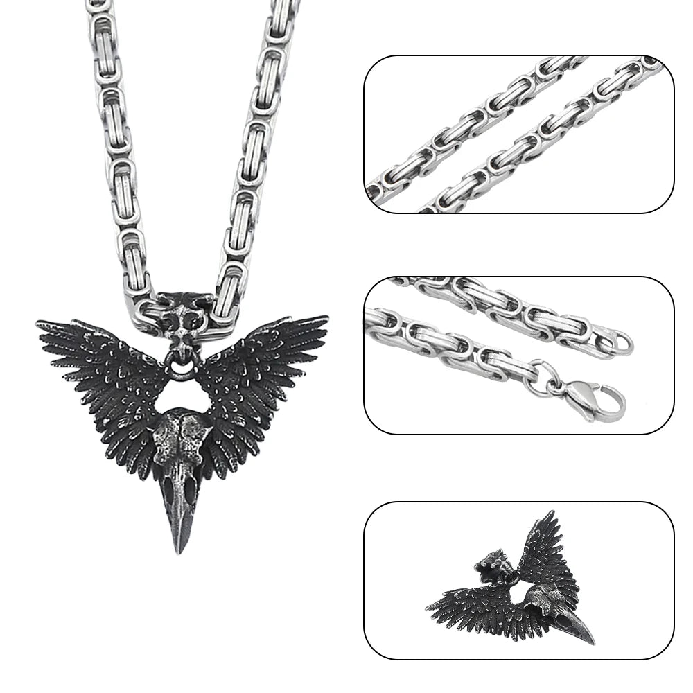 Gothic Crow Skull Stainless Steel Pendant Necklace