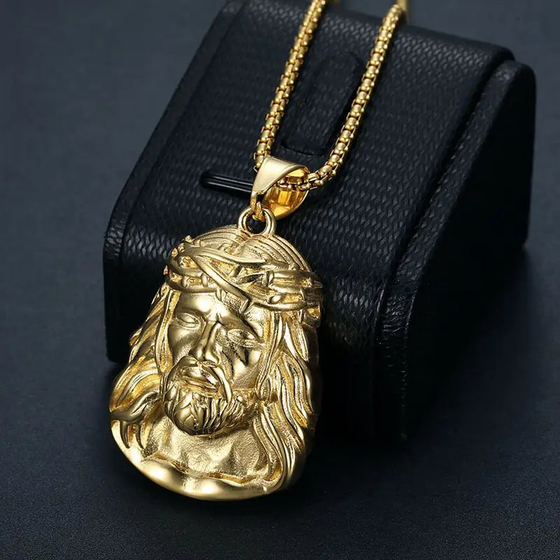 Stainless Steel Titanium Hip Hop God Jesus Human Head Luxury Gold Plated Pendant Collar Chains Necklace for Men Women