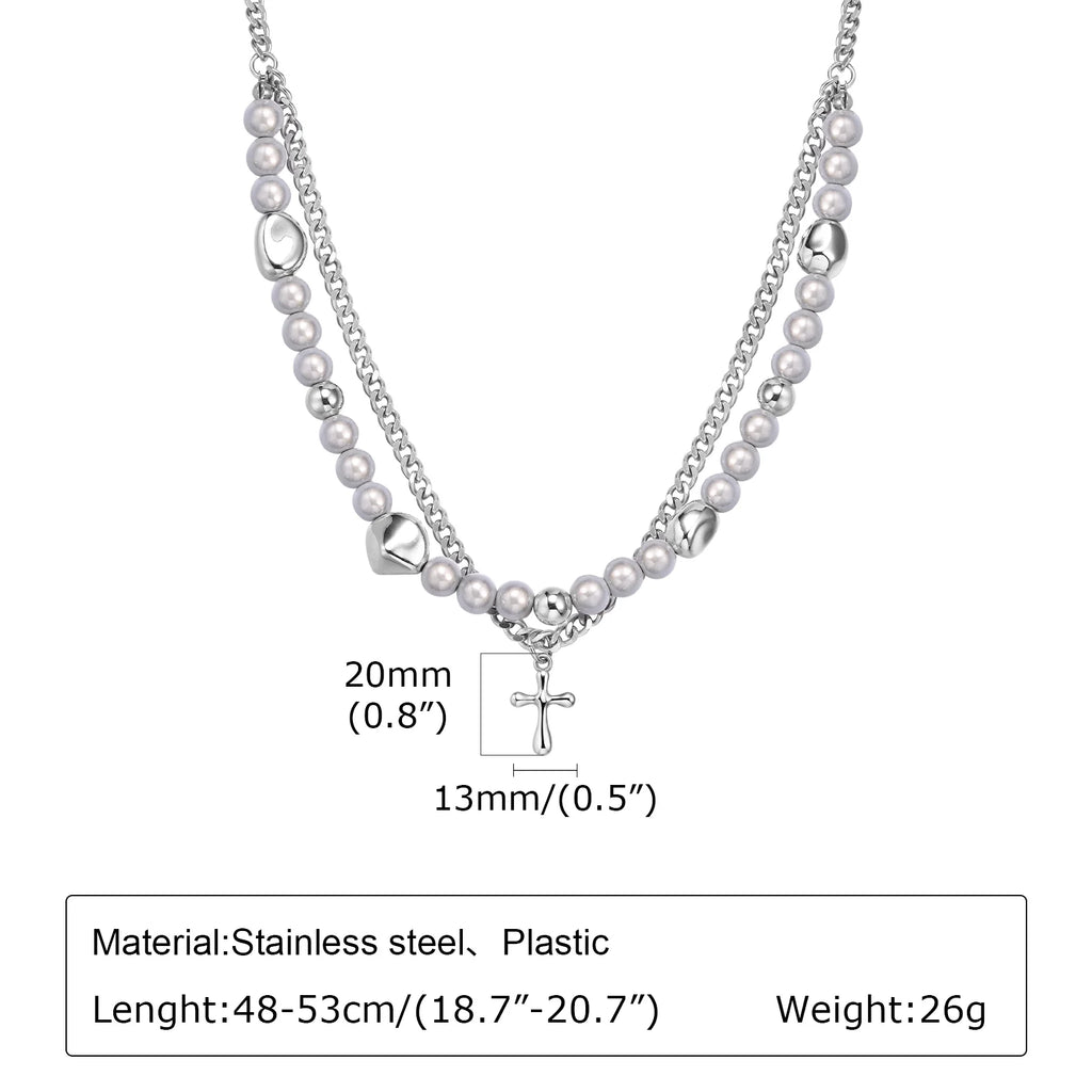 Mprainbow Long Tassel Cross Necklaces for Men Women,Reflective Beads Irregular Beaded Necklaces,Double Layers Collar