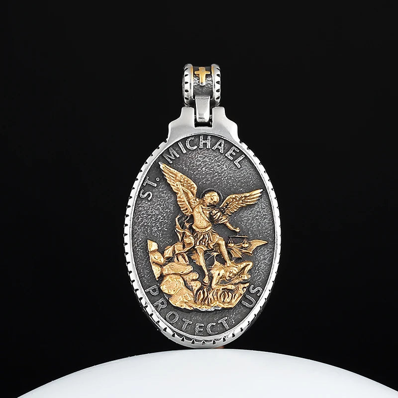 Men's 316L Stainless Steel Patron Saint Of Time Travelers Archangel Michael Gold Pendant Necklace jewelry