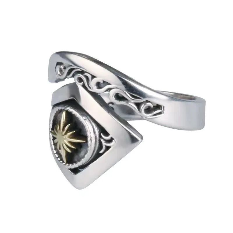 New Arrival S925 Ring For Men Jewelry Adjustable Vintage Hollow Lines Flower Gold Collision Ring Male Index Finger Accessories