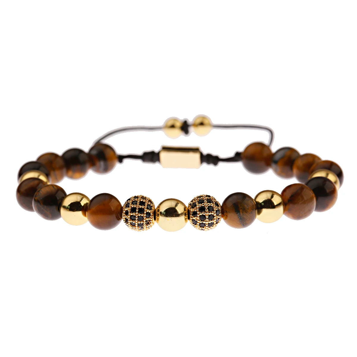 Black CZ Pave Ball Beaded Bracelet for Men — Adjustable Weave
