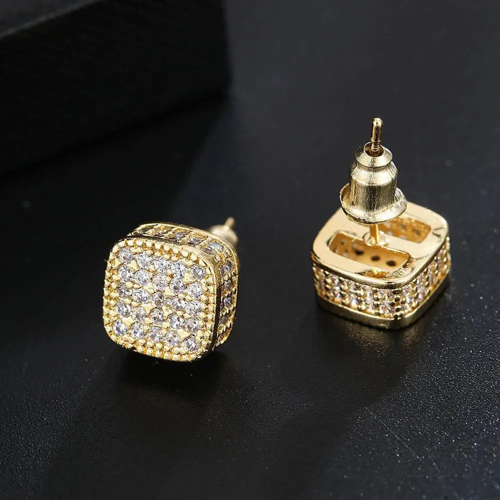 Iced Out Square Zirconia Stud Earrings for Men Women — Gold-Tone