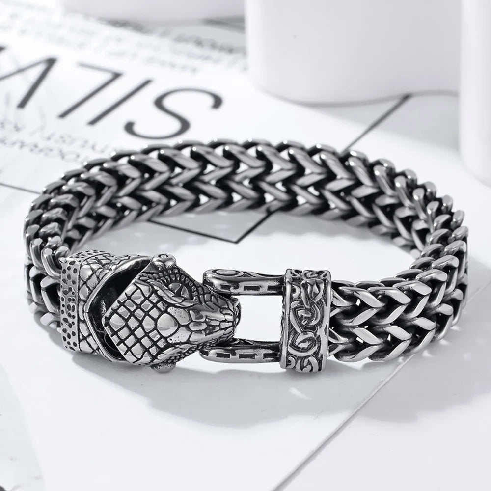 Nordic Viking Jewelry Punk Wolf Dog Snake Eagle Head With Double Mesh Link Chain Man Bracelet for Mn 19/21/23CM Long