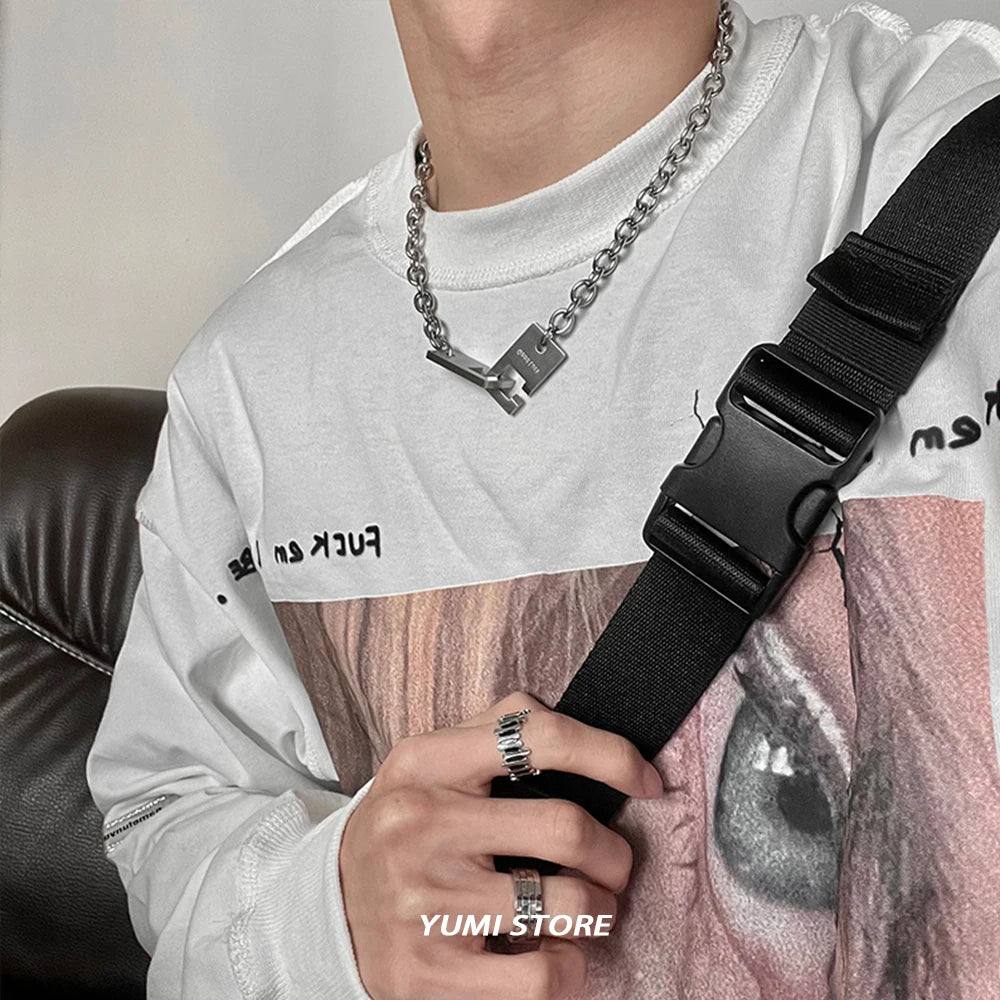Hip Hop Lock Necklace For Men Women Titanium Steel Square Clavicle Chain Fashion Kpop Unisex Jewelry Punk Street Accessories