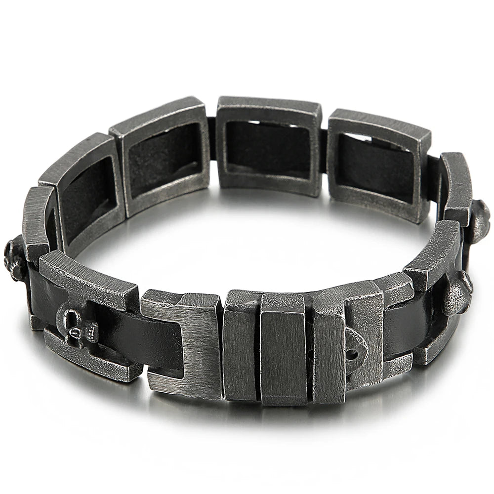 Punk Gothic Men's Skull Bracelet Distressed 316L Stainless Steel & Leather Wrap Bracelet for Men With Watch Strap Clasp