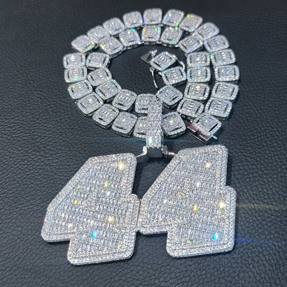 Custom Ice Number Word Pendant Chain Icy Baguettecz Letter Necklace Solid Back Laser Engraving Personalized His Birthday Gifts