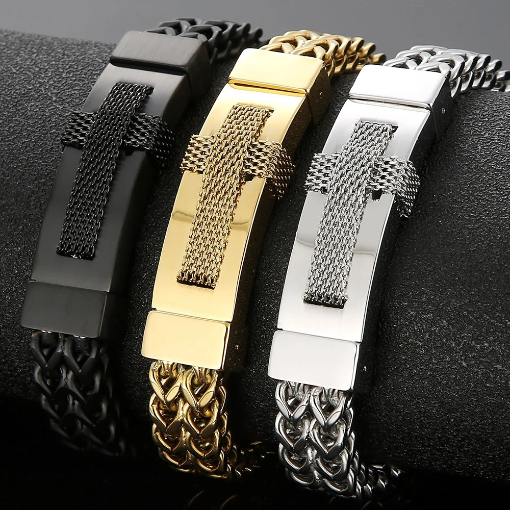 Christian Cross Bracelet for Man Gold Color Stainless Steel Men's Wrist Bracelets On Hand Man Jewellery Accessories