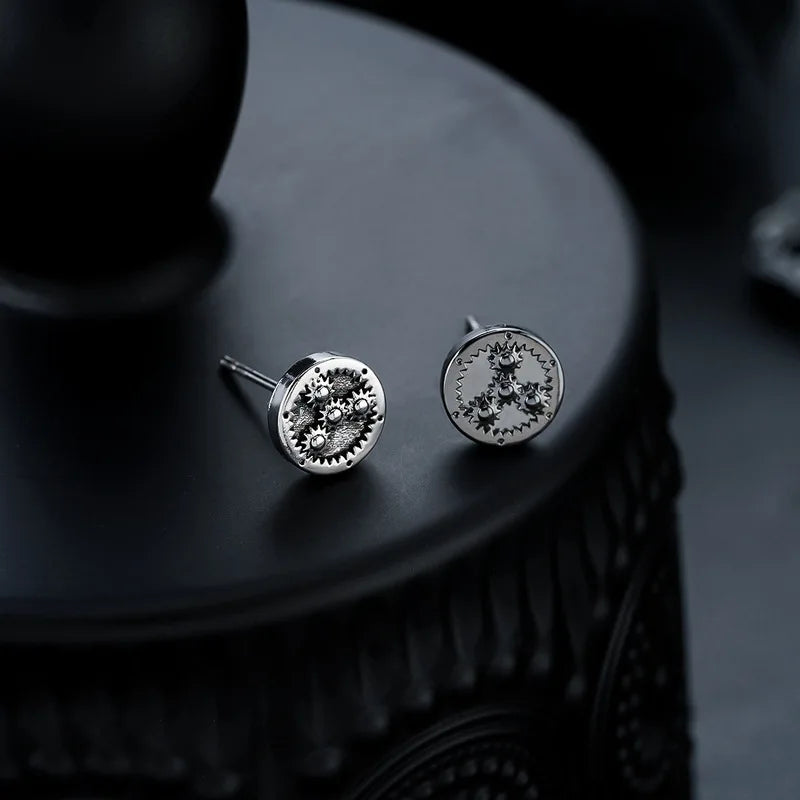 Mini Gear Wheel Round Engraved Stainless Steel Stud Earrings Steampunk Mechanical Vintage Ear Piercing for Guys