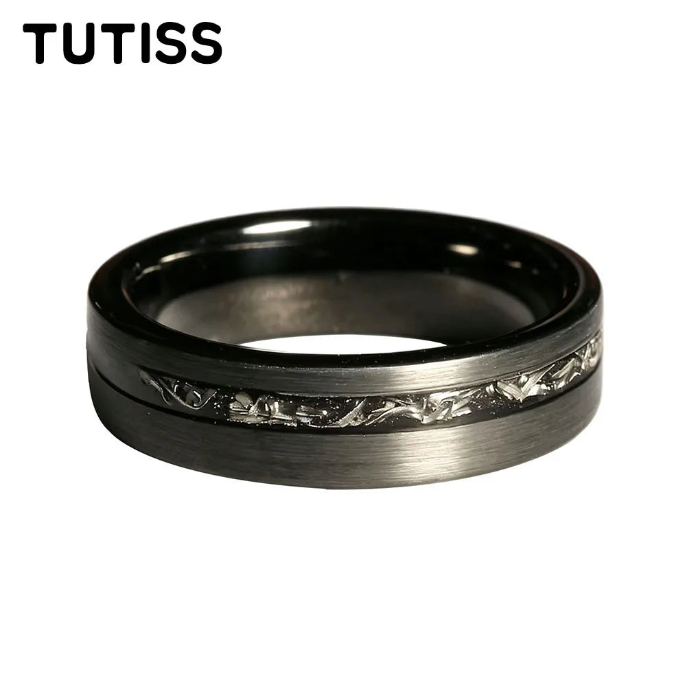 TUTISS 6/8mm Black Meteorite Tungsten Carbide Ring, Offset groove Brushed Finish, Couple Ring, Unique Wedding Band for her（Him）