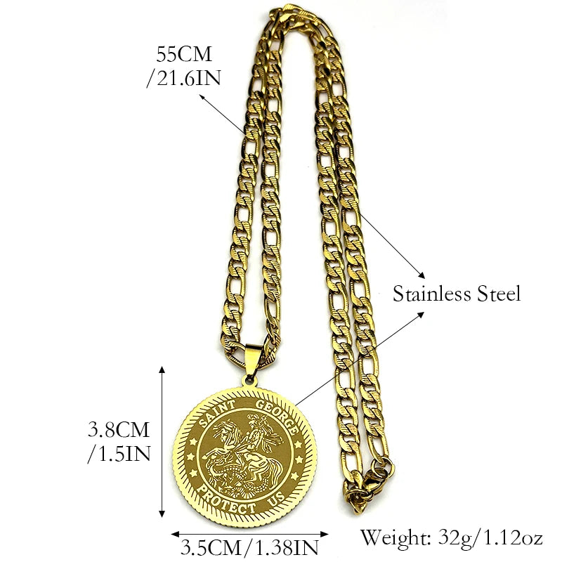 SAINT GEORGE Protect Us Round Medal Pendant Necklace for Women Men Stainless Steel Gold Color Christian Chain Amulet Jewelry