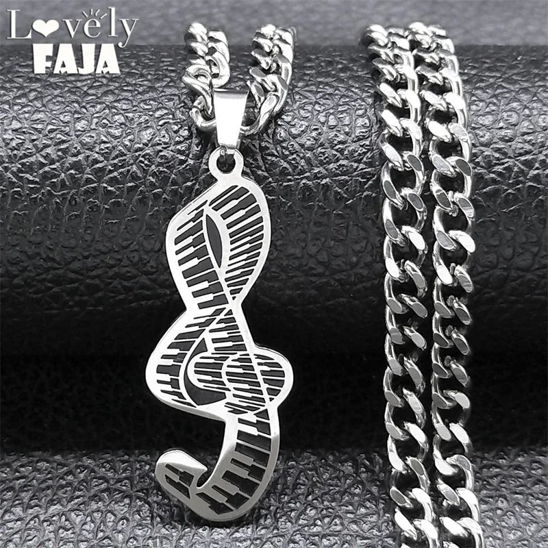 Piano Note Silver Pendant Necklace — Stainless Steel