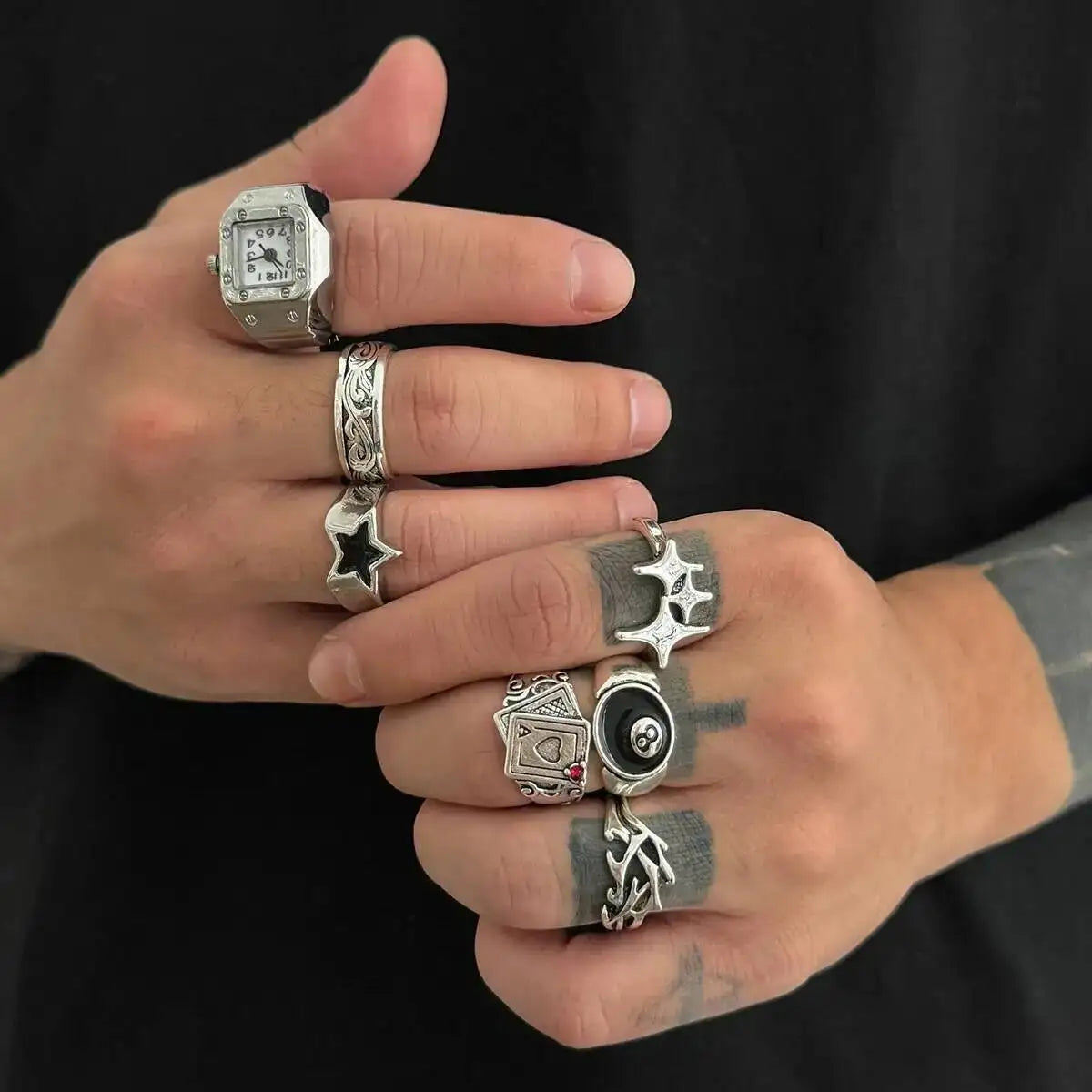 Gothic Silver Pentagram Poker Stack Ring — Silver