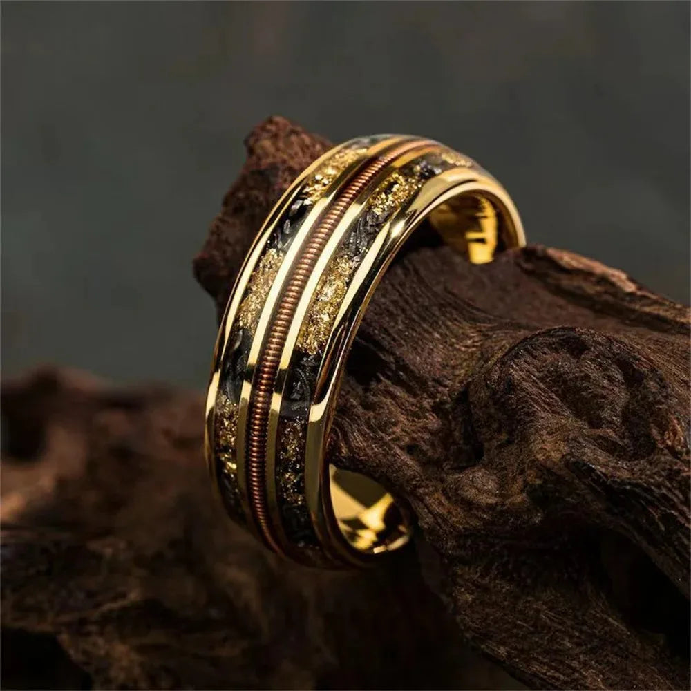Fashion Black Stainless Steel Rings for Men With Guitar String Inlay Guitarist Ring For Musician Wedding Jewelry Drop