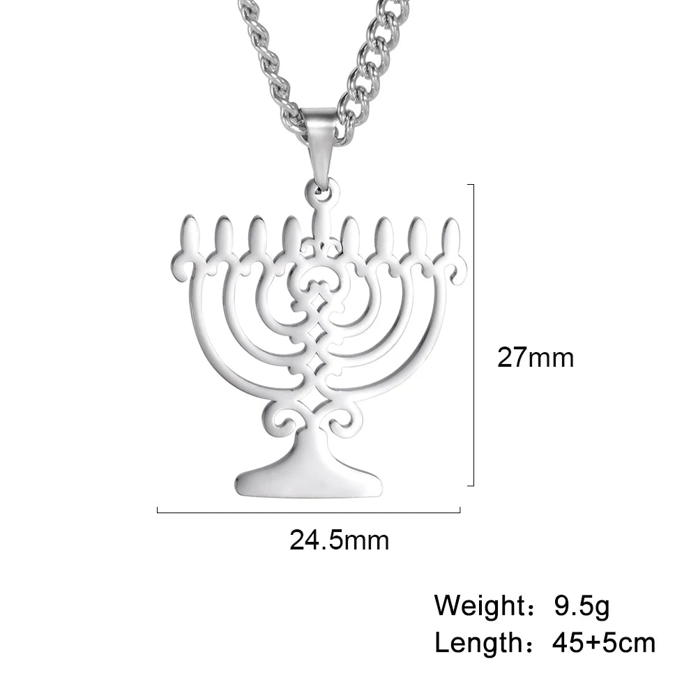 Star of David & Menorah Jewish Pendant Necklace — Stainless Steel