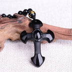 Drop Shipping Natural Black Obsidian Carved Cross Lucky Pendant + Beads Necklace for Woman Man Crystal Jade Charm Gift Jewelry