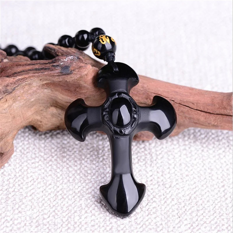 Drop Shipping Natural Black Obsidian Carved Cross Lucky Pendant + Beads Necklace for Woman Man Crystal Jade Charm Gift Jewelry