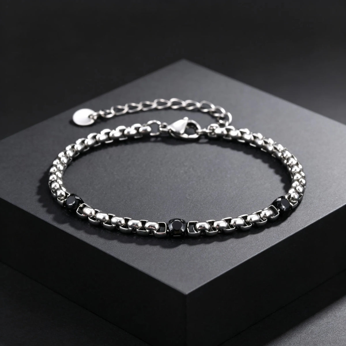 Fashion Simple Black Zircon Charm Bracelet for Men, Adjustable Waterproof Stainless Steel Chain Bracelets, Punk Stylish