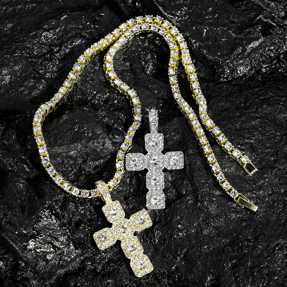 Iced Out Cross Pendant Necklace — 4mm Tennis Chain, Two-Tone