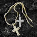 Iced Out Cross Pendant Necklace — 4mm Tennis Chain, Two-Tone