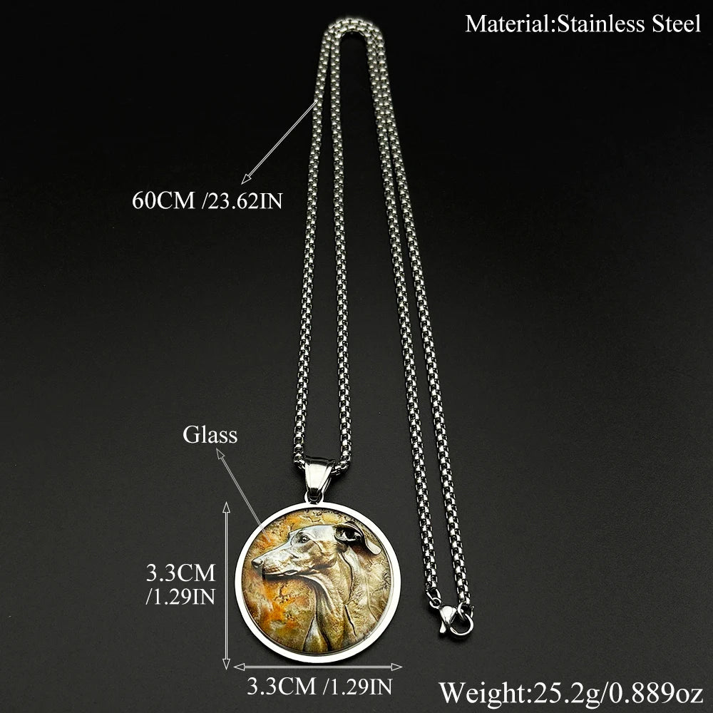 Greyhoun Whippet Dog Head Glass Medal Pendant Necklace for Women Men Gold Plated Stainless Steel Animal Pet Lover Chain