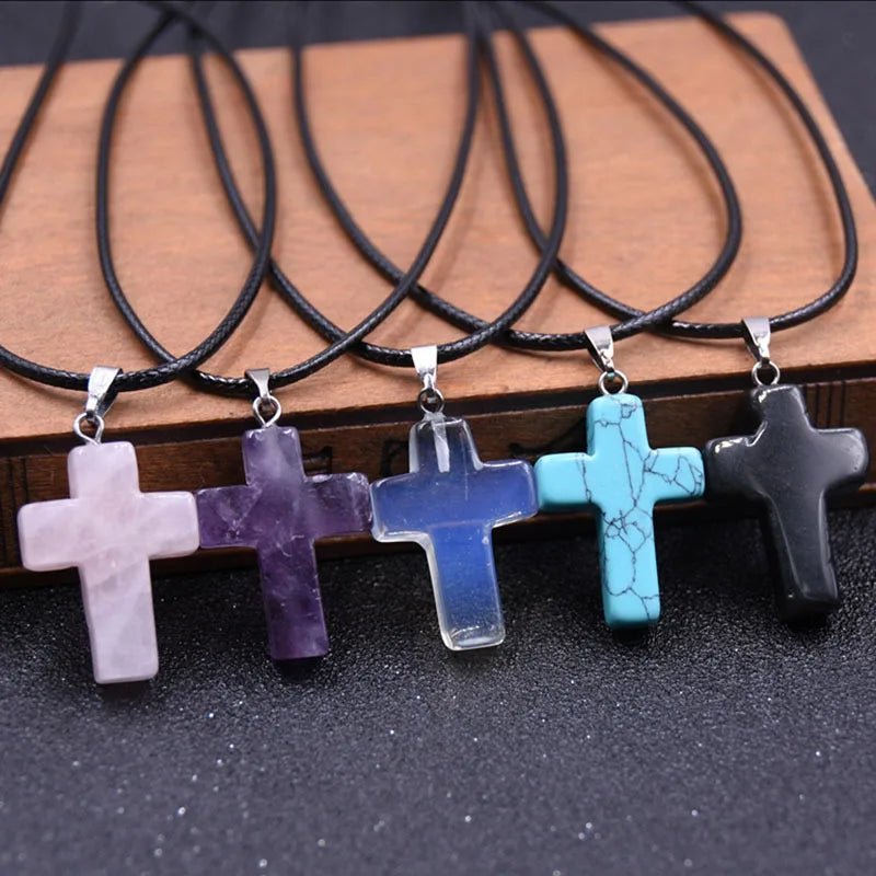 Tiny Natural Stone Turquoise Opal Cross Pendant Necklace With Stones Women Leahter Chain Choker Female Jewelry Party Girls Gift
