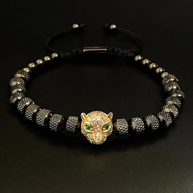 Luxury Stainless Steel Beads Beaded Leopard Head Man Bracelet For Women Hand Jewelry Couple Gift