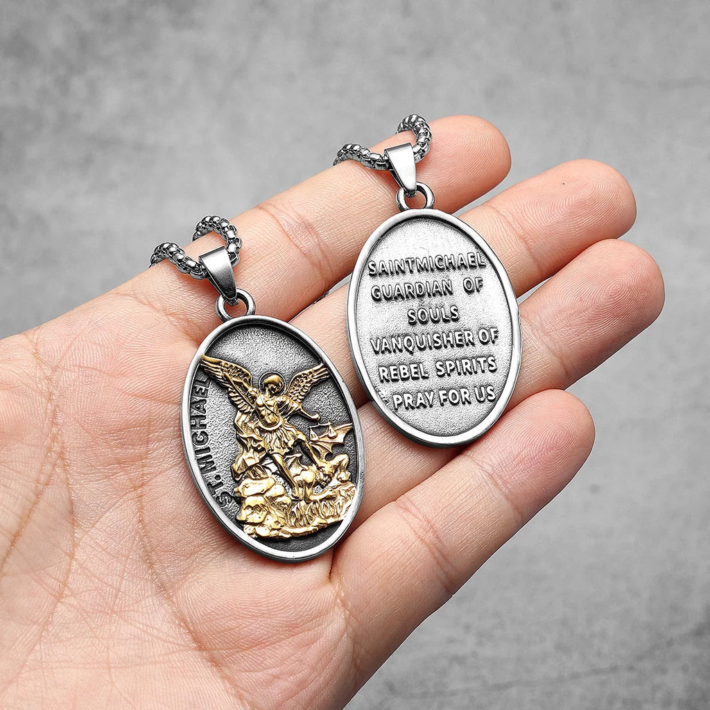 Archangel Pendant 316L Stainless Steel St.Michael Necklaces Men Amulet Chain Punk Retro Jewelry Accessories Best Gift Wholesale