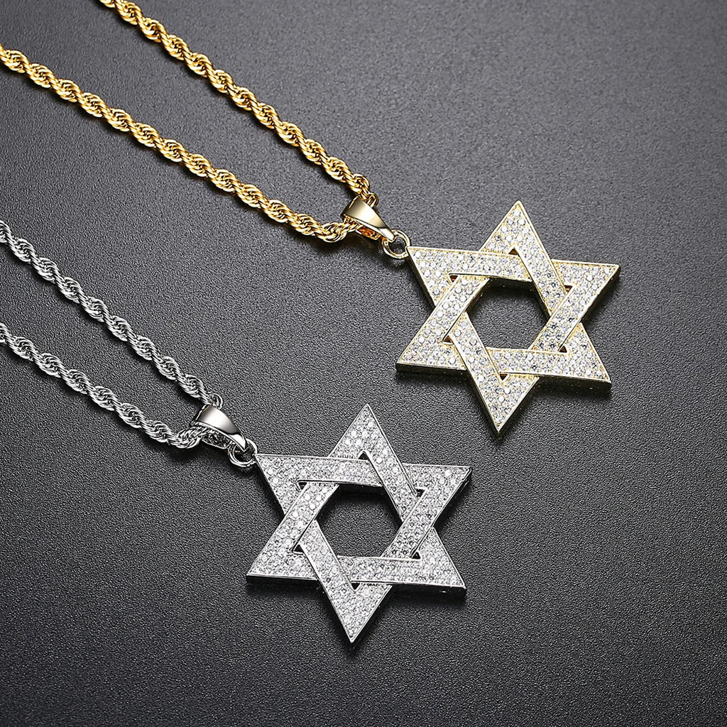 Iced Out Hexagram Pendant Necklace Stainless Steel