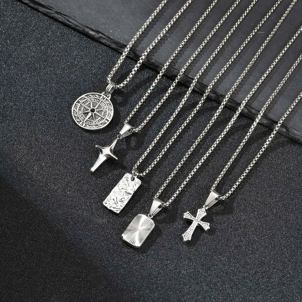 Men's Silver Color Geometric Pendant Necklace, Non Fading Stainless Steel Compass Necklace with Chain, Stylish Jewelry Gifts
