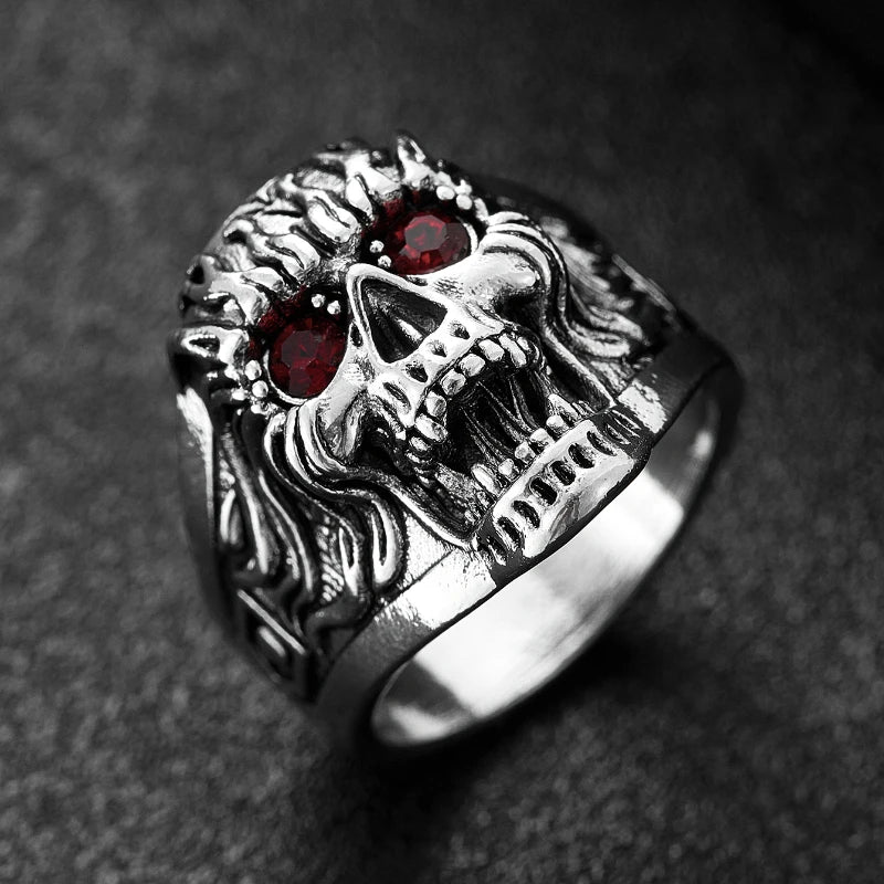 Gothic Exaggerated Skull Ring with Red Eyes — Silver-Tone
